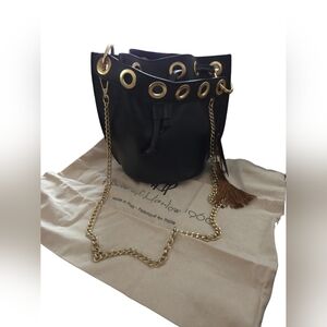 Black Leather Bucket Bag with Gold Chain and Eyelet Detail